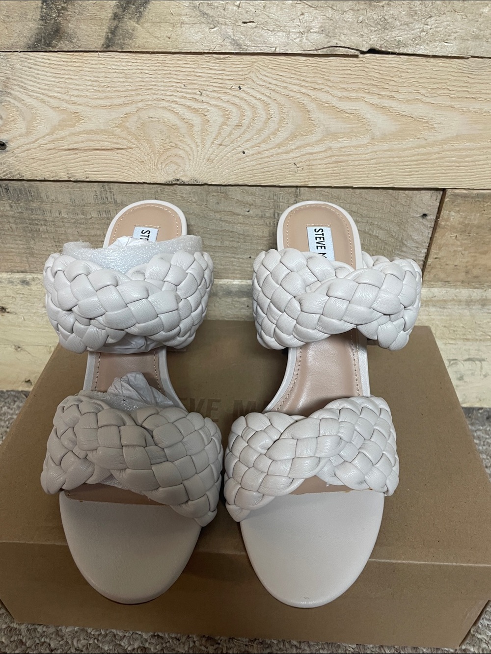 Steve Madden size 10 Twisted Braided Double-Strap Slide Sandals 5” Heel — Bone - Picture 3 of 7